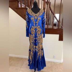 Elegant Blue and Gold Embroidered Dress